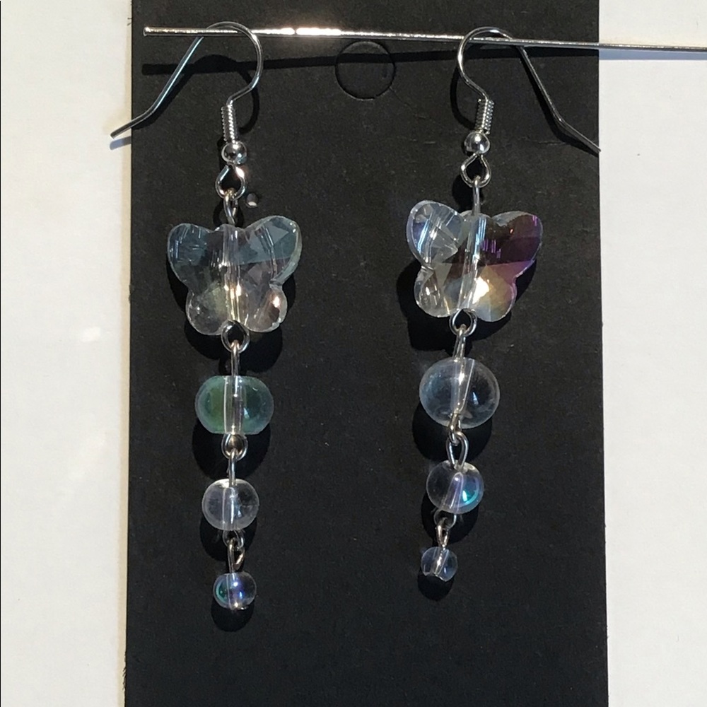 Sparkling Iridescent Butterfly Beaded Crystal Dangle Earrings - Picture 3 of 4